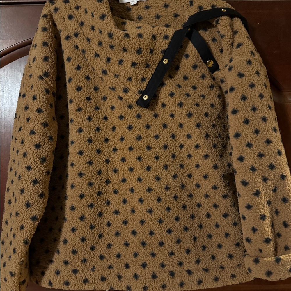 LOFT Brown Crew Neck Sweater with Black Polka Dots